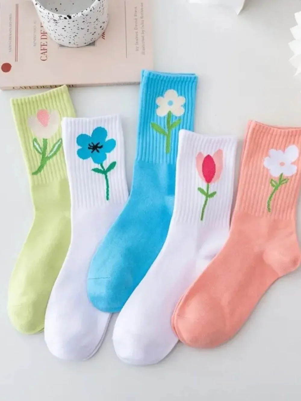 Minimal Garden Womens Flower Socks White on Blue Gift Packaged